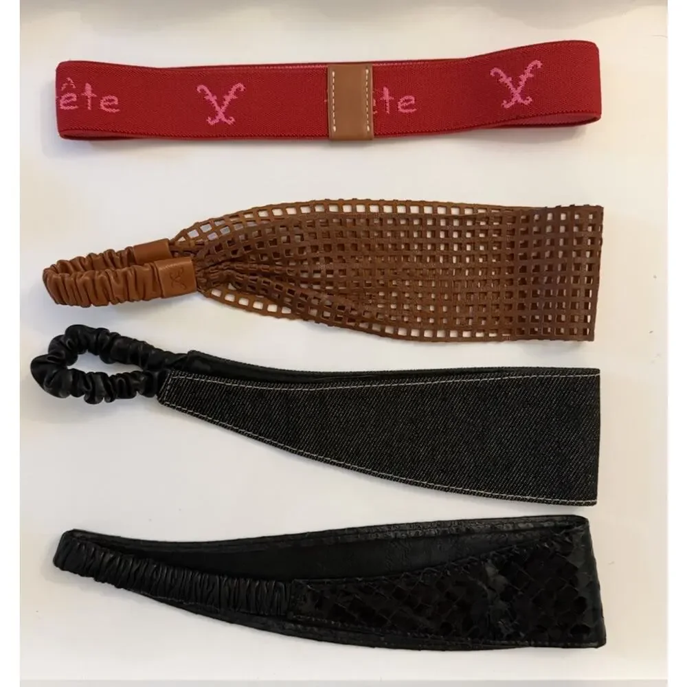 Four Frederic Fekkai Headbands in Leather, Denim, Lizard & Pink Elastic